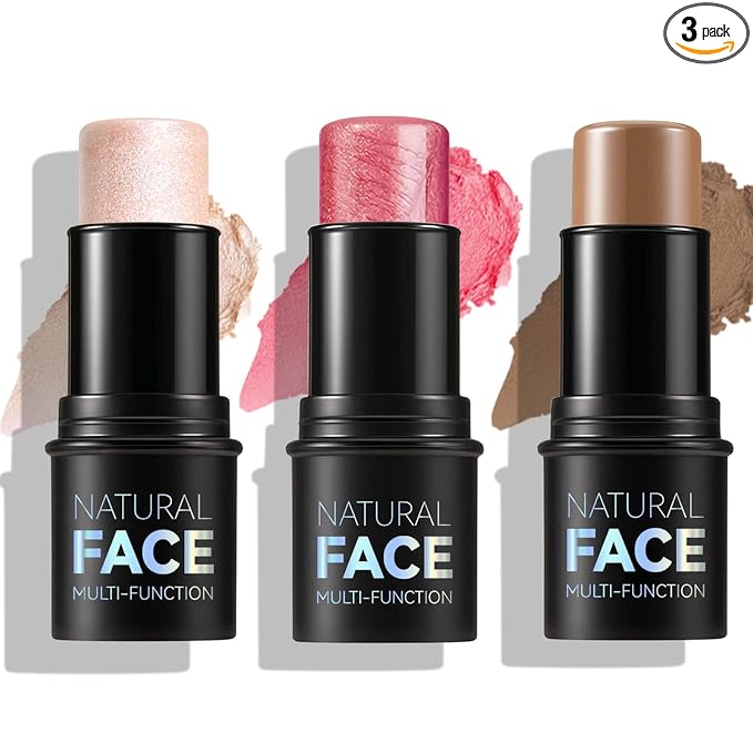 3 Pcs Face Contour Sticks Set - Shades with Highlighter & Blush Sculpted Complexion Wand - Long Lasting Natural Buildable Highlighters & Contouring Bronzer (02, 03, 04)