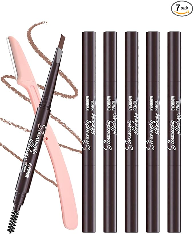 6 Pack Light Brown Eye Brow Pencil, Waterproof Eyebrow Pencils for Women- Dual-Ended with Spoolie Brush and Triangular Tip for Easy Defining, Natural Fill, Long-Lasting Brows, Sweatproof