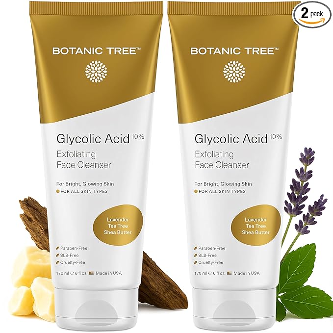 Botanic Tree Glycolic Acid Face Wash - Facial Cleanser For Skin Care, Treatment Scrub, 10% Glycolic and Salicylic Acid 6 fl. oz (2 pack)