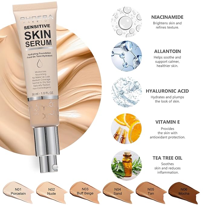PHOERA Foundation Full Coverage, CC+ Cream, Matte Finish for Mature Skin, Primer (108+180CC+N05 Tan)