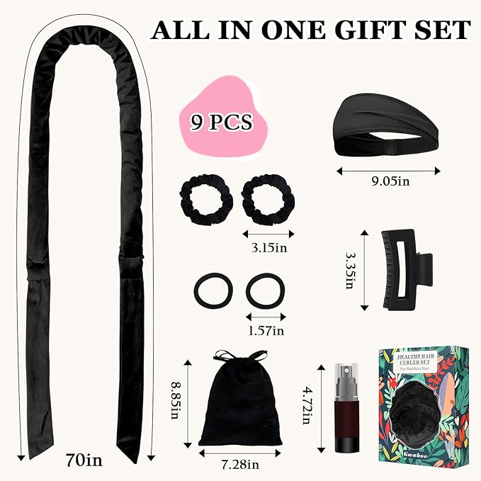 Gwabee No Heat Curling Headband, 70" Soft Hair Curlers to Sleep In Overnight Curls Headband, No Heat Hair Curler Ribbon Curl Wrap for Long Hair Rollers, 9 PCS Curling Rods Set with Yoga Strap -Black
