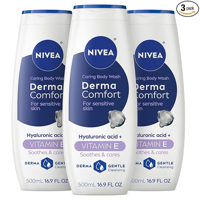 NIVEA Derma Comfort Caring Body Wash for Sensitive Skin, Body Wash with Hyaluronic Acid and Vitamin E, 16.9 Fl Oz Bottle, Pack of 3