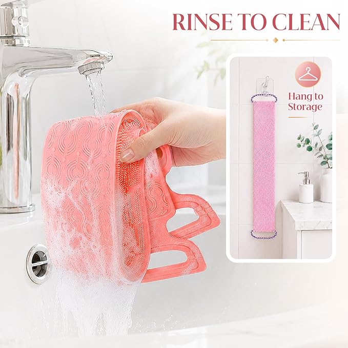 Manmihealth Silicone Back Scrubber for Shower & African Bath Sponge Set, Upgrade 33.8'' Long Silicone Back Brush & Exfoliating Net Sponge Combination, Dual-Sided Use Shower Loofah (Pink+Pink)