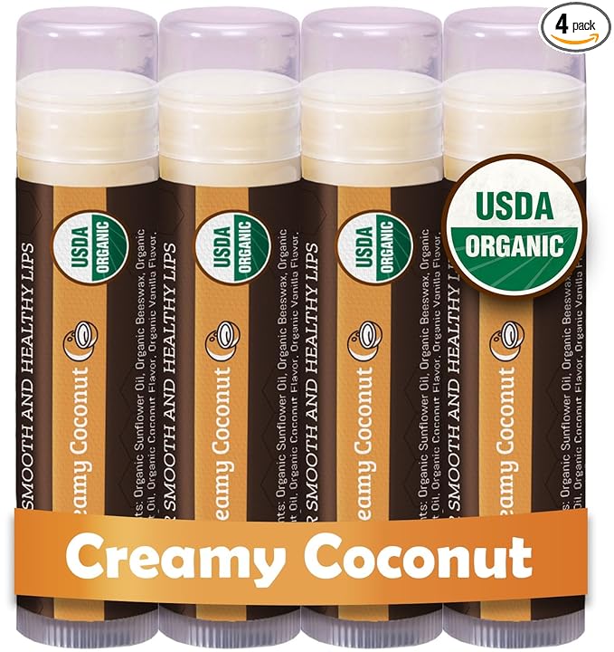 Earth's Daughter USDA Organic Lip Balm 4-Pack Creamy Coconut Flavor - Beeswax, Coconut Oil, Vitamin E - Best Lip Repair Chapstick for Dry Cracked Lips