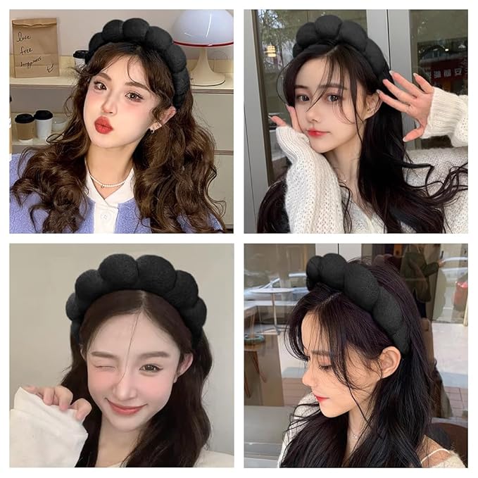 AOENJIE Spa Headbands for Washing Face or Makeup, Sponge Bubble Skincare Headbands, Puffy Terry Cloth Hairband for Women, Skin Care Makeup Headwear Hair Accessories for Girls(Black)