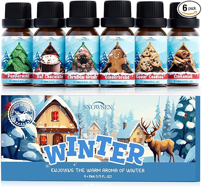 Winter Essential Oil Set, 6x10ml Fragrance Oils for Diffuser & Candle Making - Christmas Wreath, Gingerbread, Sugar Cookies, Hot Chocolate, Peppermint, Cinnamon Aromatherapy Oils for Home