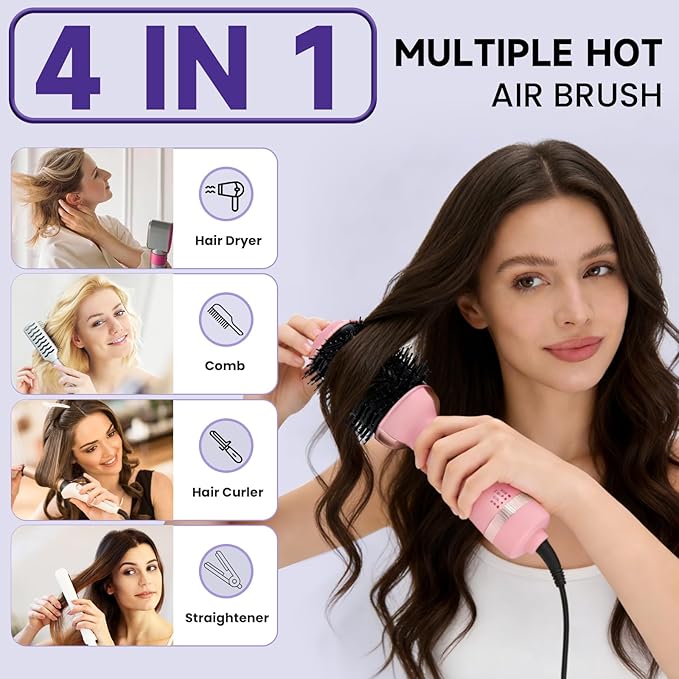 4-in-1 Hair Dryer Brush, Ionic Ceramic Titanium Hot Air Styler with ALCI Safety Plug, 3 Heat Settings for Frizz-Free Blowouts, Salon Volumizer and Straightener (Pink)