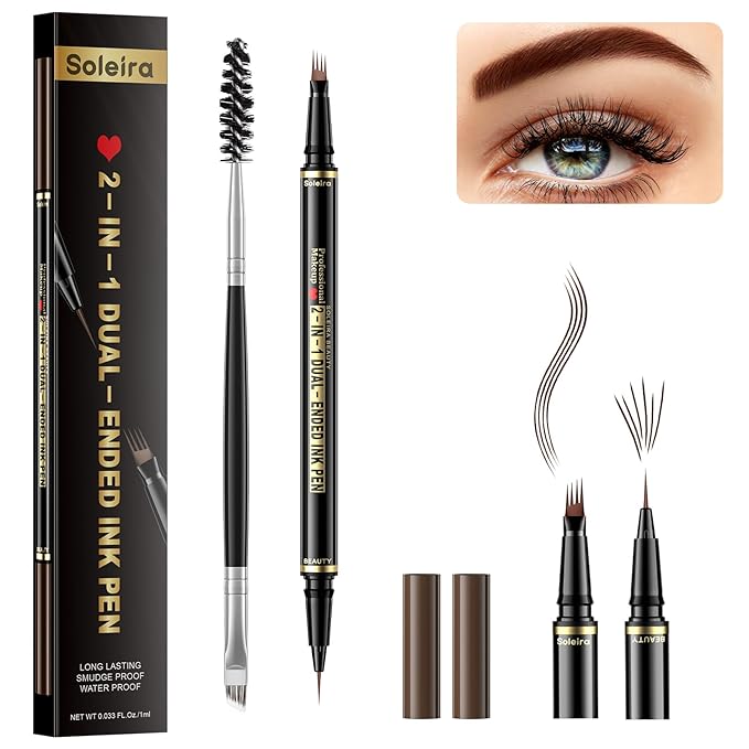 Eyebrow Pen, Soleira Waterproof Eyebrow Pencil with 4 Tip Microblading Eyebrow Pen and Dual-ended Eyebrow Brush, for Natural-Looking Brows, Long-Lasting, Chocolate Brown
