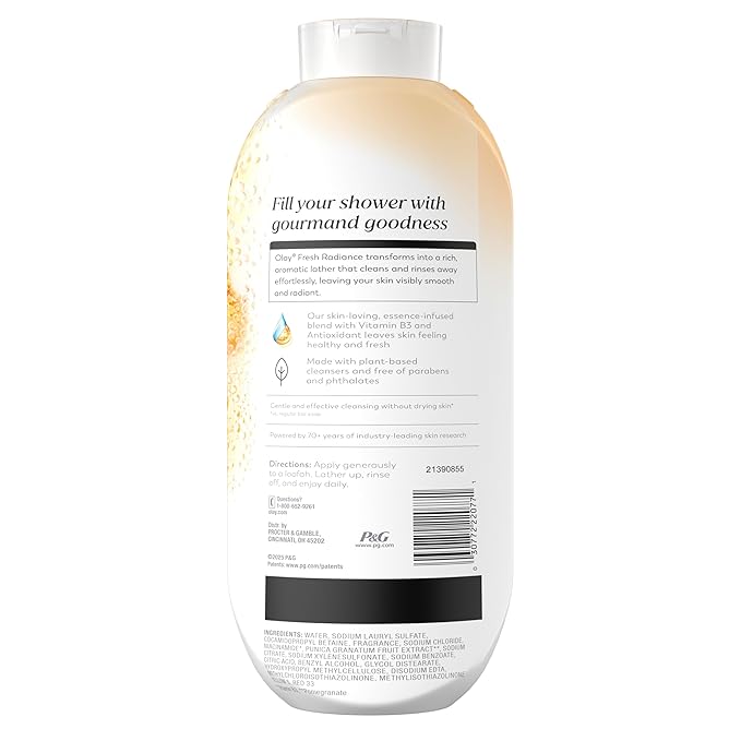 Olay Body Wash for Women, Fresh Radiance, 24/7 Skin-Loving Freshness, Visibly Radiant, Plant Based Cleansers, Vitamin B3 & Antioxidant Blend, All Skin Types, Vanilla Blossom & Apricot Scent, 22 fl oz