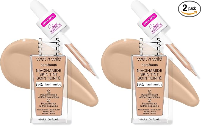 wet n wild Bare Focus Skin Tint, 5% Niacinamide Enriched, Buildable Sheer Lightweight Coverage, Natural Radiant Finish, Hyaluronic & Vitamin Hydration Boost, Cruelty-Free & Vegan - Medium Beige