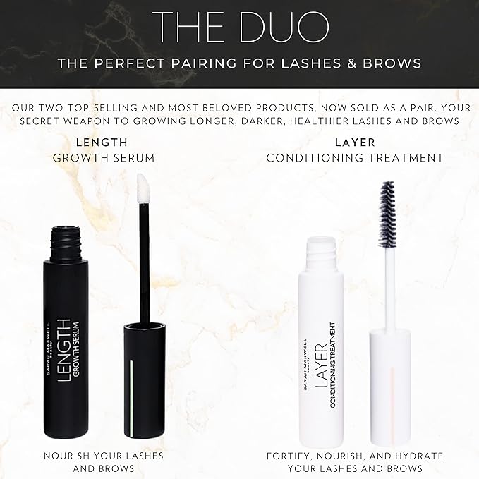 Sarah Maxwell Beauty DUO: Lash Growth & Brow Enhancer with Natural Extracts - LENGTH Serum for Longer, Thicker Appearance & LAYER Keratin Treatment for Strengthening and Conditioning