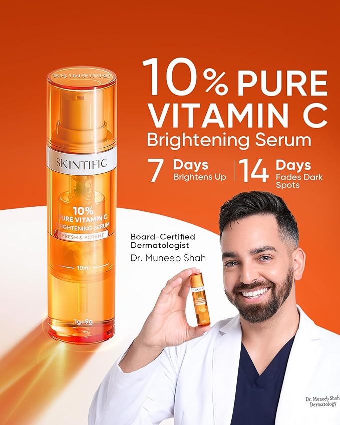 SKINTIFIC Dual-Chamber Fresh Vitamin C Brightening Serum for Face, 10% Pure Vit C Powder Serum, Dark Spot Corrector, Oxidation-Proof with UV Shield