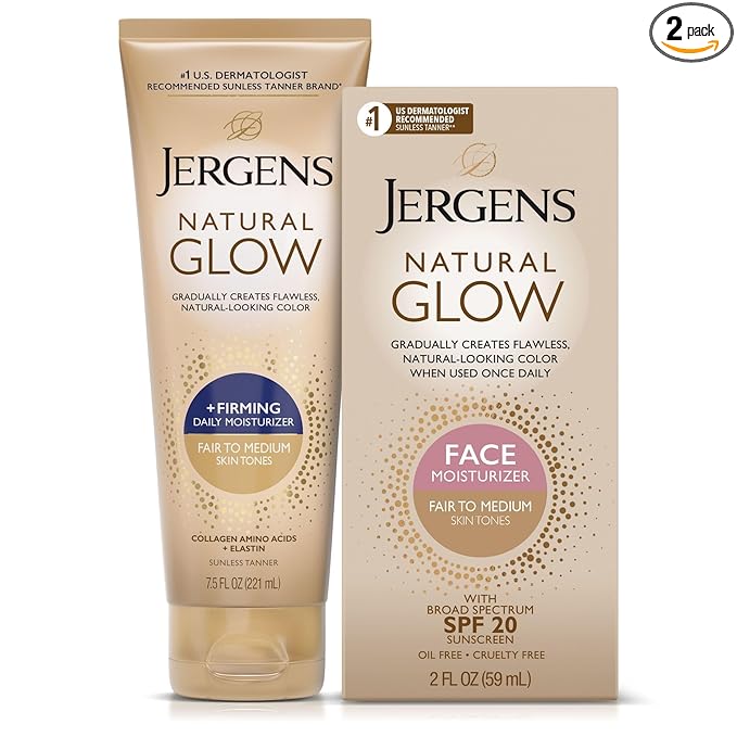 Jergens Natural Gradual Glow Bundle Pack: Daily Moisturizer +Firming 7.5fl oz and SPF20 Face Moisturizer 2fl oz, Fair to Medium