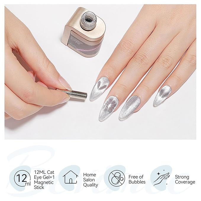 Cat Eye Gel Nail Polish, Silver Glitter Magnetic Nail Polish Smoothie with Magnet Stick, Holographic Shimmer Cateye Effect, UV Velvet Nail Art Manicure Salon DIY Home, 12ML