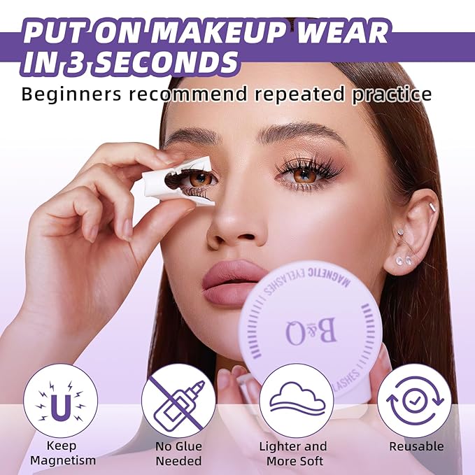 B&Qaugen Reusable Magnetic Lashes Magnetic Eyelashes Natural Look False Eyelashes with Applicator Easy to Wear and Remove Glue-Free Pestañas Magnéticas