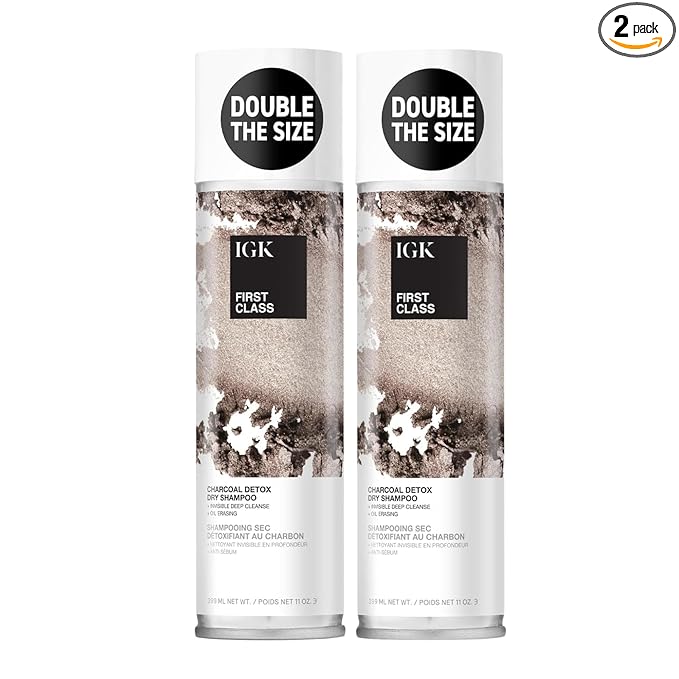 IGK First Class Charcoal Detox Dry Shampoo Jumbo | Deep Cleansing For Oily Hair & Odor Absorbing | Adds Volume & Texture | For All Hair Types | 11 oz (Pack of 2)