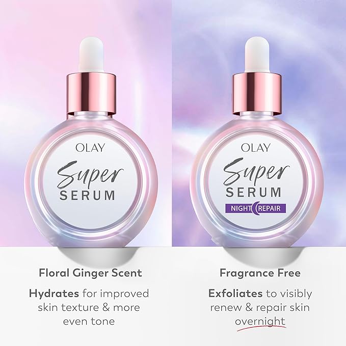 Olay Super Serum Night Repair, Fragrance-Free Trial Size - Niacinamide, Peptide, Salicylic & Lactic Acid, Glycerin - 5-in-1 Skin Care Benefits - Hydrating, Reduces Dark Spots, Anti-Aging, 0.4 Oz