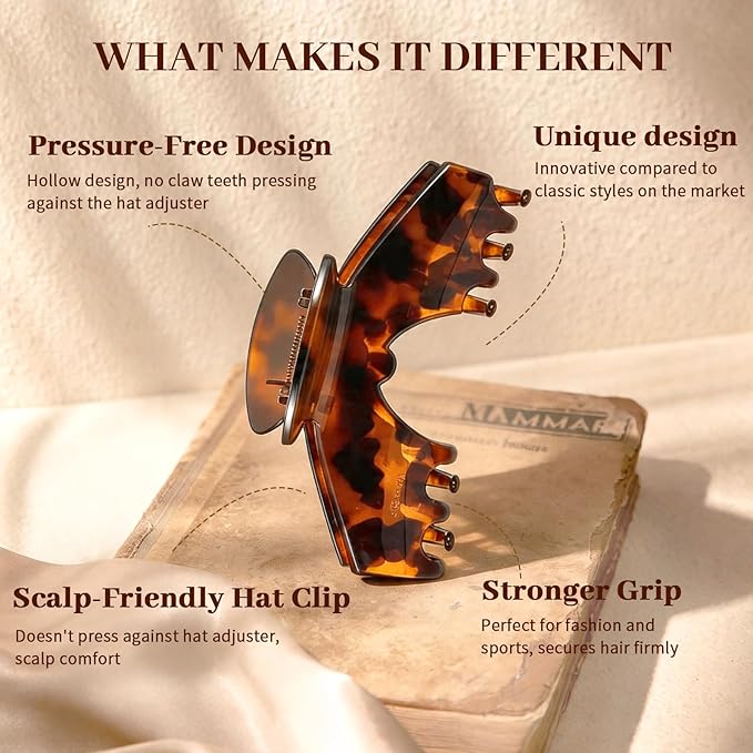 4 PCS Hat Claw Clip for Women - Hat-Friendly Claw Clip for Baseball Caps, Adjustable Trucker Hat Hair Clips for Thick Thin Hair, Large Hat Claw Clips for Gym Beach Holiday Outing, Tortoise Shell