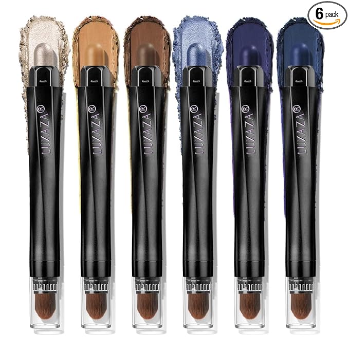 LUXAZA PRO Blue Eyeshadow Stick Makeup 6PCS Set, Dark Blue Brown Metallic Shimmer Matte Cream Eye Shadow Eyeliner Brightener Pencil Crayon - JEANS BLUE