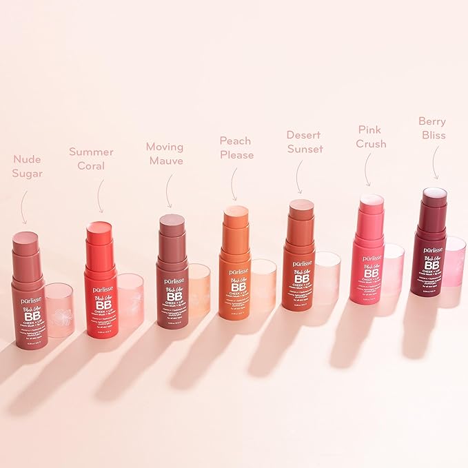 pūrlisse Blush Glow BB Lip and Cheek Tint - Hydrating & Buildable 2-in-1 Cream Blush Stick for Cheeks & Lips - Formulated with Nourishing Vitamin E & Hyaluronic Acid - Peach Please (.28 oz)