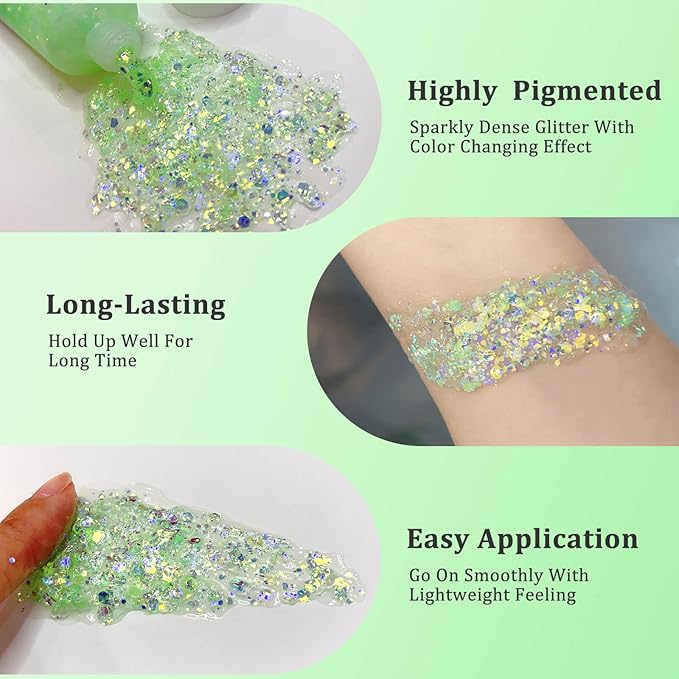MEICOLY Lime Green Face Body Glitter,St Patricks Day Hair Glitter for Women Kids,Green Accessories Irish Parade Makeup,Spirit Day Wear Chunky Chameleon Face Glitter for Halloween Alien Makeup