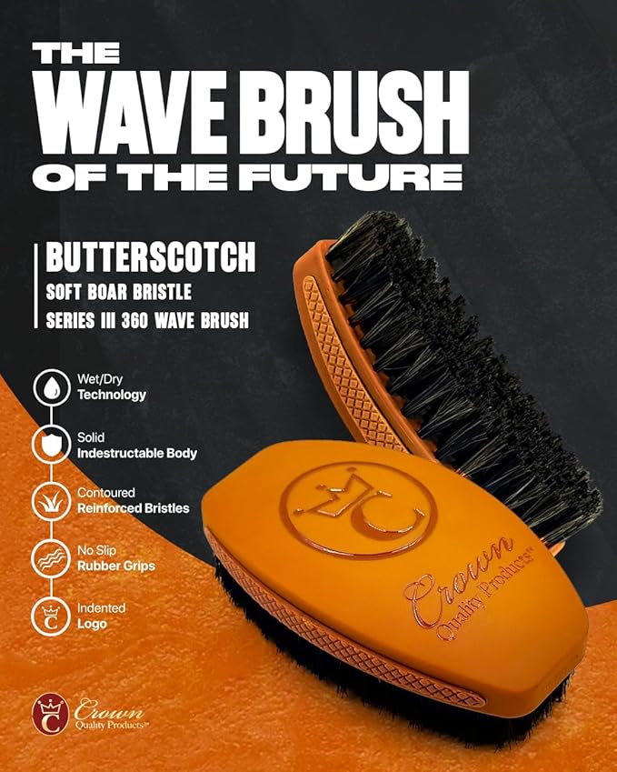 New BUTTERSCOTCH 360 Wave -SOFT- Boar Bristle Hairbrush, Non-Slip Grips, Waterproof Design, Indestructible body, Satin Finish, Debossed Logo - The Ultimate 360 Wave Brush by Crown Quality Products