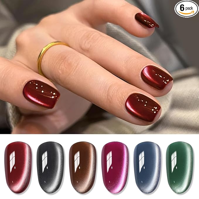 Born Pretty Cat Magnetic Eye Gel Nail Polish, Fall Winter Retro Cat Magnetic Gel, Pink Brown Blue Gray Green Magnetic Soak Off Nail Art Salon Manicure Home Gift 7ML 6PCS
