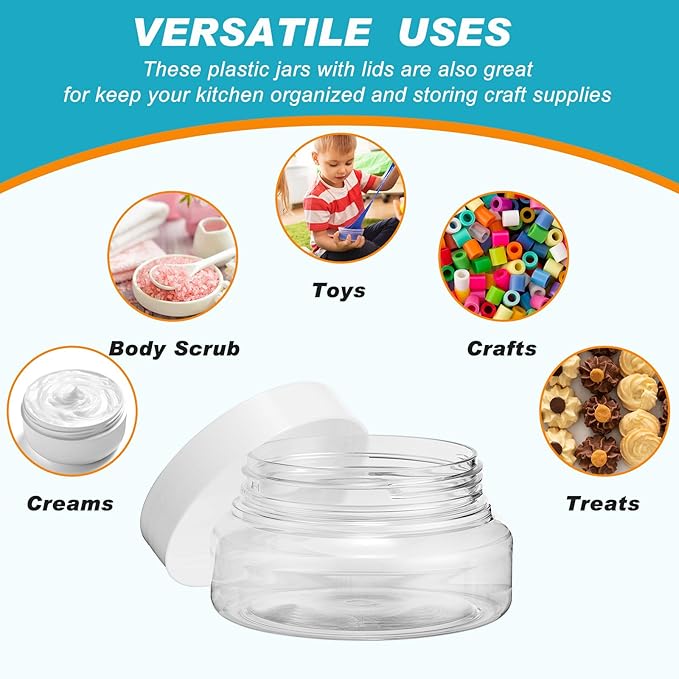 Tessco for you 24 Pack Plastic Jars with Lids Labels Multiuse Slime Containers Empty Body Scrub Jars Round Refillable Cosmetic Body Butter Container for Makeup (5 oz,White)
