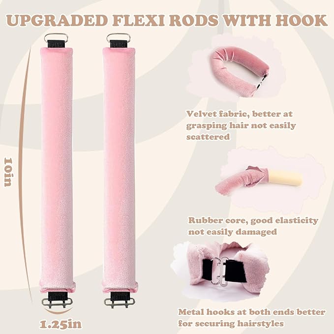 Heatless Curls Overnight, 5 Pcs Heatless Hair Curlers to Sleep in Soft Overnight Blowout Rods No Heat Hair Rollers Curling Rods for Women Blowout Look Long Hair - Pink