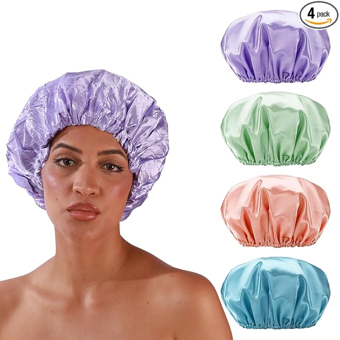 Smilco 4 Pack Shower Caps for Women, Reusable Waterproof Double Layer Bath Cap, Large EVA Elastic Hair Cover for Shower, Fits Long Hair & Braids, for Spa & Home