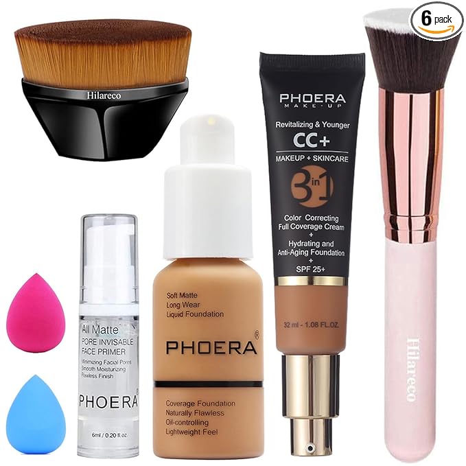 Hilareco PHOERA Foundation,PHOERA CC+ Cream Color Correcting Anti Aging Hydrating Serum &SPF 25+,PHOERA Primer, PHOERA Makeup, Kabuki Makeup Brushes Foundation Brush (106+180/Warm Sun+Tan CC Cream)