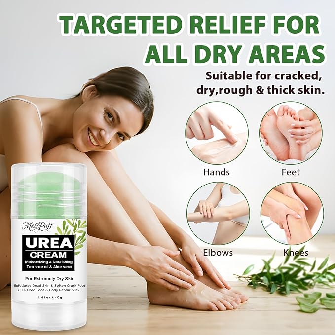 60% Urea Cream Stick with 2% Salicylic Acid, Tea Tree & Aloe Vera - Maximum Strength Foot Cream for Dry Cracked Heels, Callus Remover, Dead Skin Exfoliator for Hands, Knees, Elbows - 1.41oz