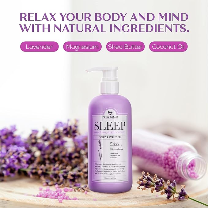 Pure Relief Lavender Sleep Body Lotion Shea Butter + Coconut Oil Body Cream Skin Care Moisturizer To Promote Better Rest W/Natural Soothing Herbal Extracts, Aromatherapy Night Cream, Large 16 Oz