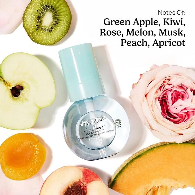 Mane Fruity Fresh Hair and Body Mist - Refreshing Green Apple, Melon, Rose & Musk Body Spray & Hair Perfume - Hydrating & Non-Sticky Formula - Layerable Travel Size Fragrance Mist - Sea Sweet (3.4 oz)