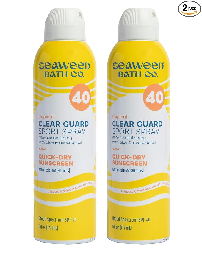 Seaweed Bath Co. Clear Guard SPF 40 Sport Broad Spectrum Sunscreen - Quick Dry, Air-Powered Spray - Natural Tropical Scent - With Sustainably Harvested Seaweed, Aloe, Avocado Oil - 6 oz (Pack of 2)