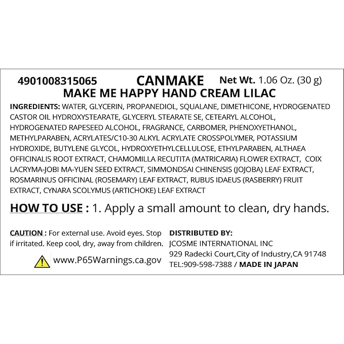 CANMAKE Make Me Happy Hand Cream 1.05 oz (30 g) Make Me Happy Hand Cream, 1.1 oz (30 g), Ethanol Free, Petroleum Surfactant Free (LILAC)