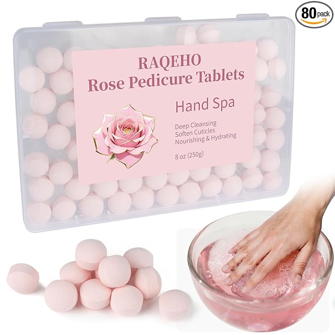 Manicure Spa Balls 8oz -Rose Soak Balls Moisturizing Tablets Cuticle Soften Bombas Efervescentes Para Pedicure Spa Nail Supplies Tools for Hand Soak Pedicure Soak Nail Care Nail Salon（80count）