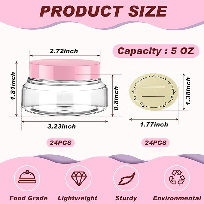 Tessco for you 24 Pack Plastic Jars with Lids Labels Multiuse Slime Containers Empty Body Scrub Jars Round Refillable Cosmetic Body Butter Container for Makeup (5 oz,Clear,Pink)