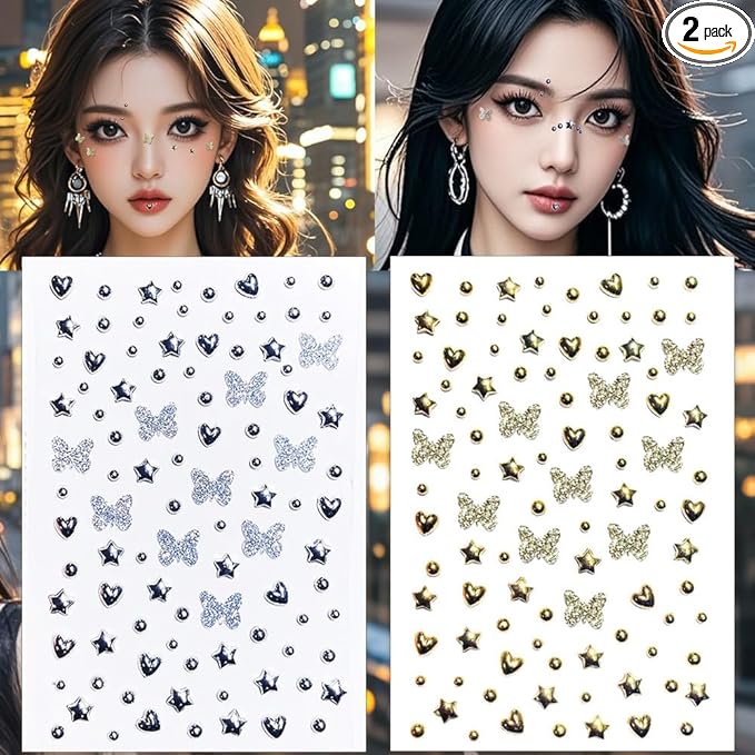 Fake Metallic Eye Corners Face Jewels Silver Gold Butterfly Face Gems Tattoo Decorations Body Glitter Crystal Sticker Temporary Tattoo, 2-Pack