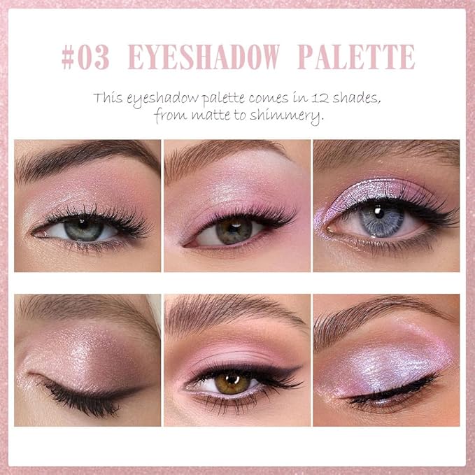 AMY'S DIARY Pink, Nude, and Shimmer Eyeshadow Eye shadow Makeup, 12 Colors Shiny Sparkle Shimmer Glitter Eyeshadow Waterproof Pallete Eye Make Up (12-03)