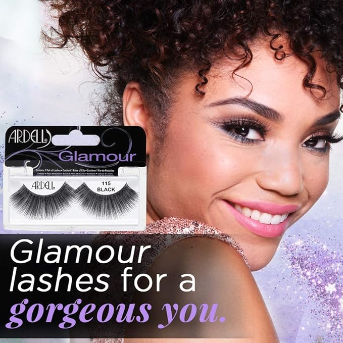 Ardell False Eyelashes Glamour Strip Lashes 115 - Black, Full Volume and Rounded Lash, Reusable Fake Eyelashes for Any Special Occasions, 4-Packs