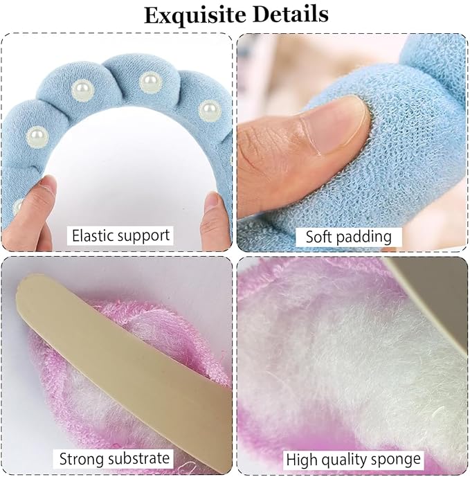 Spa Headbands Puffy Makeup Skincare Headbands for Washing Face or Facial, Terry Cloth Fabric Hairbands for Makeup Removal Shower Skin Treatment(Light Blue, Pearl)