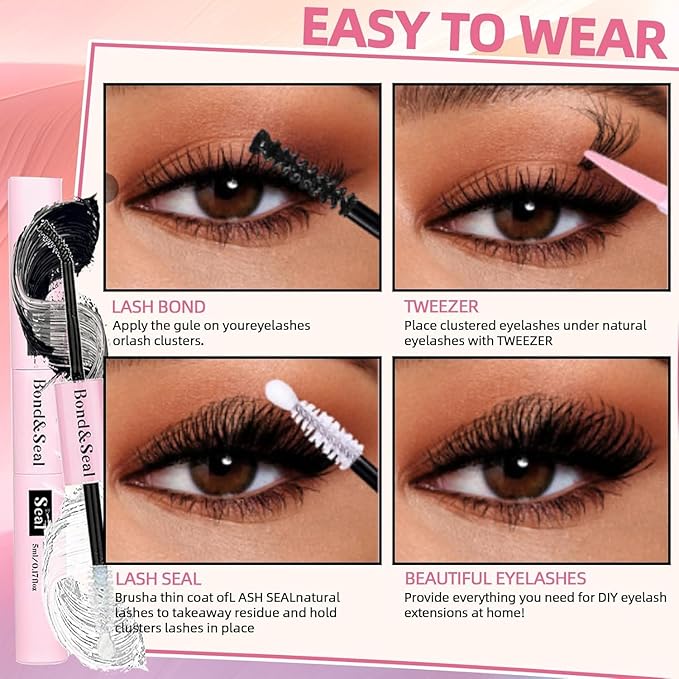 QUKLOGEN DIY Wispy Lash Extension Kit 620Pcs D Curl 6 styles Individual Lash Clusters Eyelash Extension with Lash Bond and Seal,Quick Glue Remover Tweezers Eyelash Brush Mini Applicator