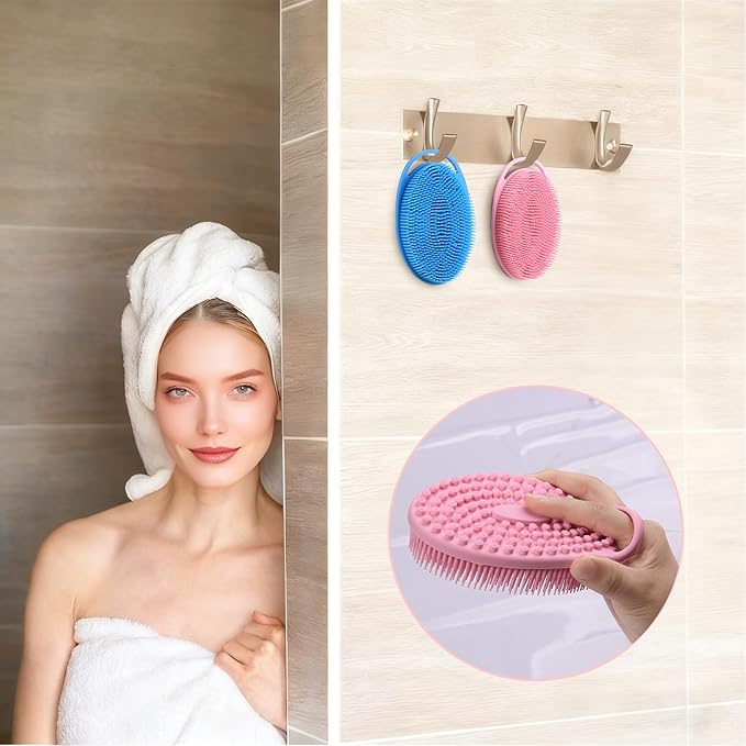 2 Pack Silicone Body Scrubber, Exfoliating Silicone Shower Scrubber for Body, Gentle 2 in 1 Silicone Loofah Alternative for Women Men, Dual-Sided Soft Bath Scrubber for All Skin, Blue+Pink