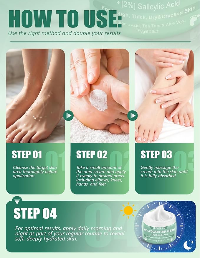 Urea Cream 50 Percent for Feet with Coconut 5.29 oz || Foot & Hand Cream Maximum Strength with 2% Salicylic Acid, Tea Tree and Aloe Vera for Deep Moisturizing and Callus Removing (Upgraded Formula)