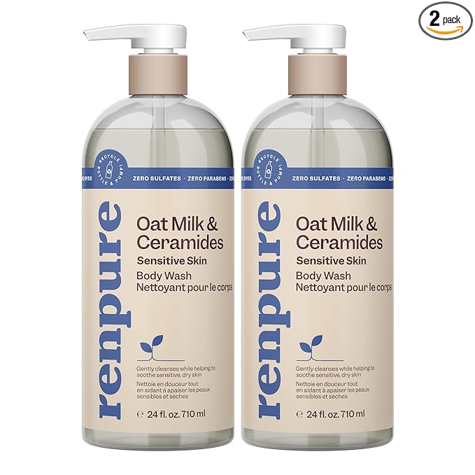 Renpure Oat Milk & Ceramides Body Wash - For Gentle Cleansing & Hydration - For Sensitive Skin - Oat Milk & Ceramides - 24 Fl Oz each, 2 Pack