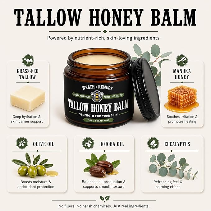 Organic Beef Tallow for Skin - 2OZ (Eucalyptus, Concentrated) — US-Made Grass Fed Tallow and Honey Balm Moisturizer for Face, Hands & Body — Intensive Care for Dry Sensitive Skin, Eczema(No Additives)