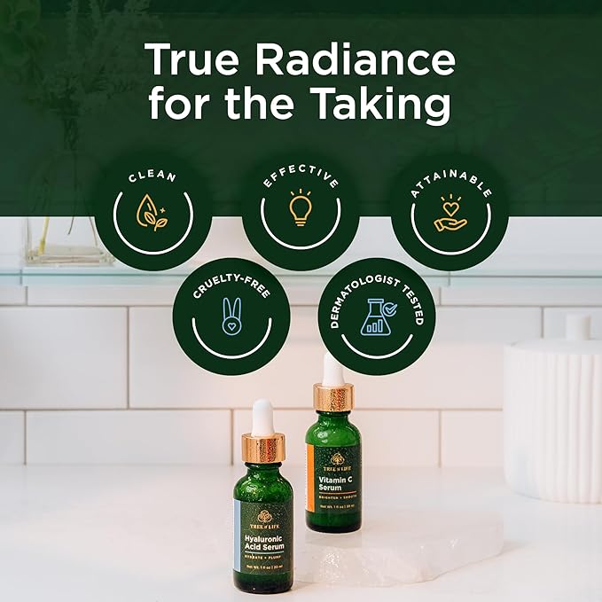 Tree of Life Beauty Facial Skin Care Set, Brightening, Firming, Hydrating, Dry Face, Dermatologist Tested - Vitamin C and Hyaluronic Acid Facial Serum - Skin Care Kit, 2 count of 1 Fl Oz