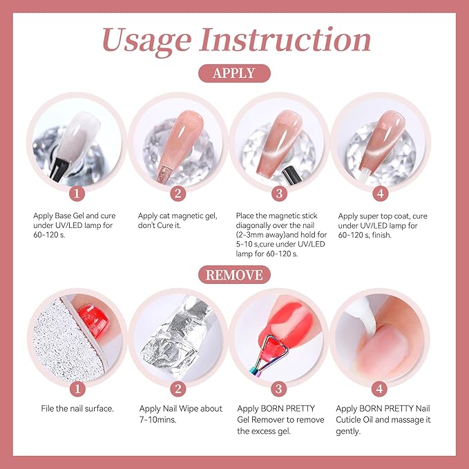 Born Pretty Glass Soft Pink Cat Magnetic Eye Gel Nail Polish, Jelly Nude Pink Gold Glitter Crystal Magnetic Shimmer Nail Polish Salon Gel Manicure and Nail Art DIY at Home 7ML 6PCS