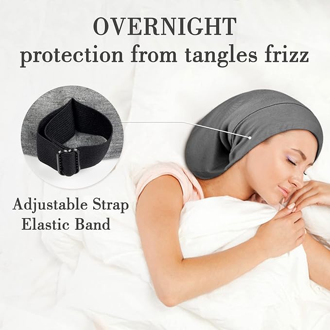 LULUSILK Mulberry Silk Bonnet for Sleeping Women, Real Silk Sleep Cap for Curly Hair and Braids, Pure Head Wrap with Scrunchies, Grey